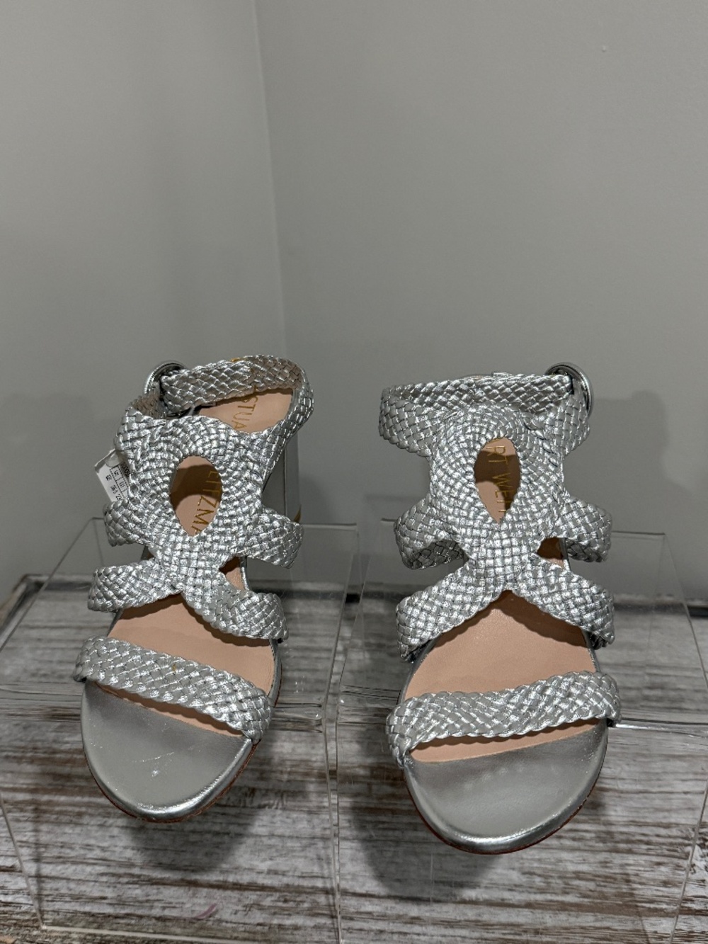 Stuart Weitzman Vicky Woven Silver Metallic Leather Sandals Size 6